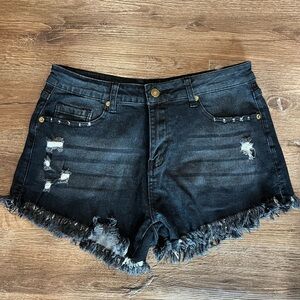 Distressed Black Denim Shorts